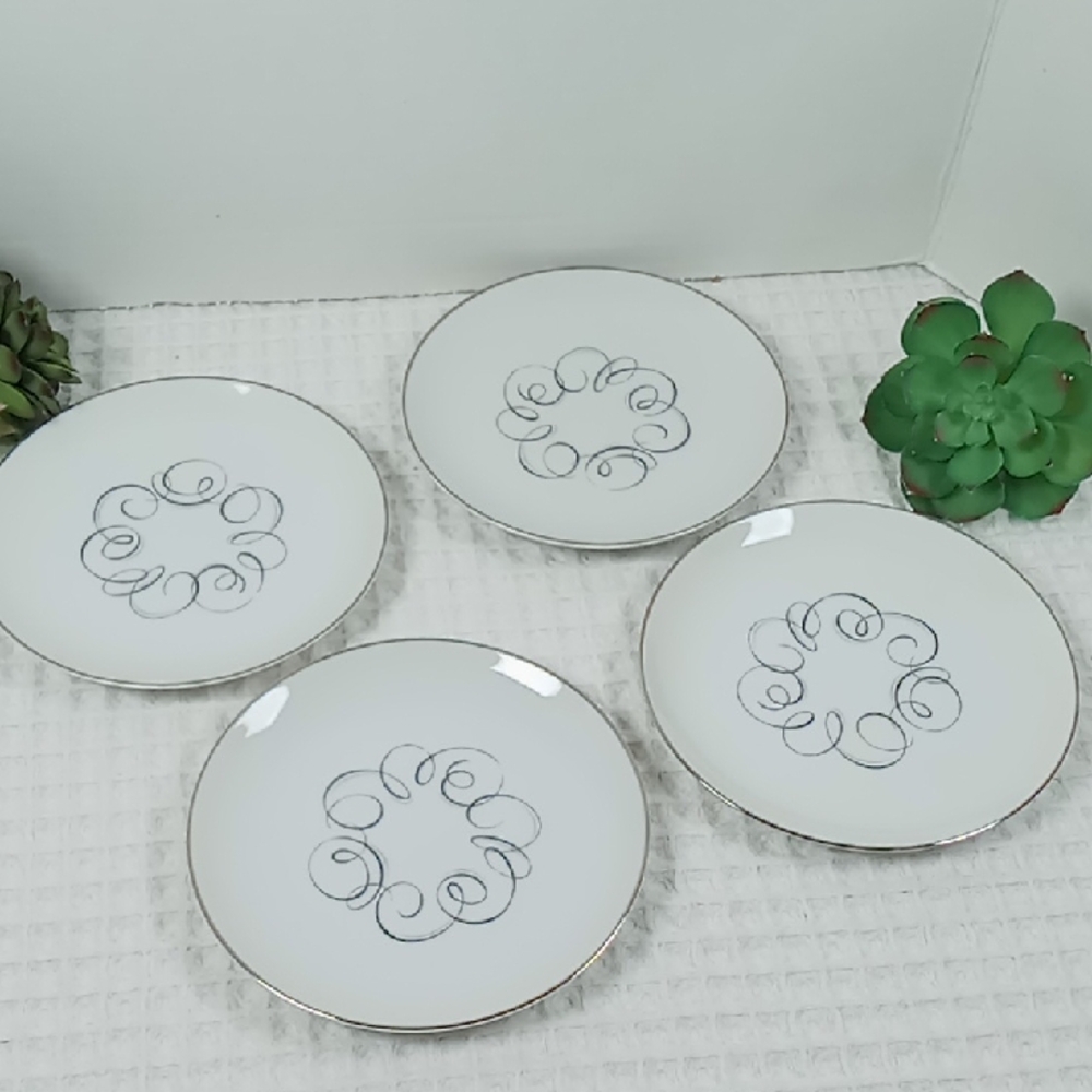 Style House Fine China Set of 4 Bread Plates "Rhythm" White With Blk/Gray Swirl